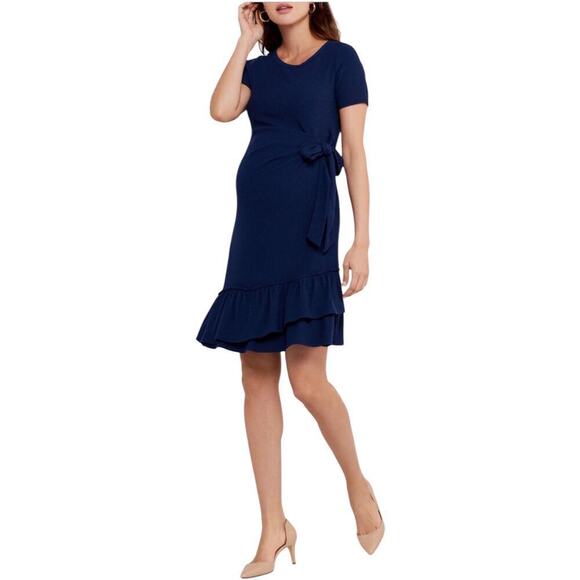 A Pea in the Pod Dress sz LARGE Side Tie Ruffle Hem Minidress Navy Blue Stretch - Picture 1 of 9